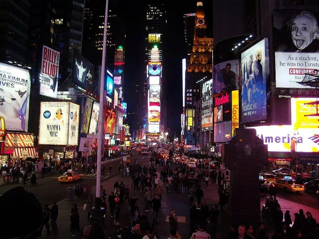 city, street, cars, people, light, boards, times, square, building. Budget for out of home advertising pricing models with confidence