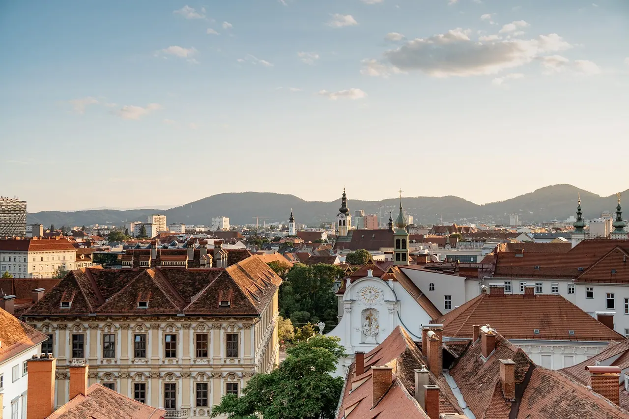 austria, graz city, buildings, skyline, mountains, houses, roofs, town, old town, nature, cityscape, urban