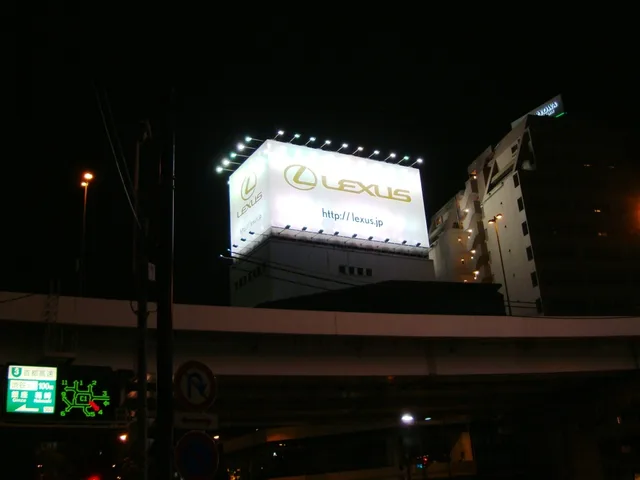 Lexus`s billboard at night, on Rute 246 (Tamagawa-dori Avenue)at Shinsen-cho crossing in Meguro Ward near Shibuya district, Tokyo. An out of home advertising review methodology without the vendor spin