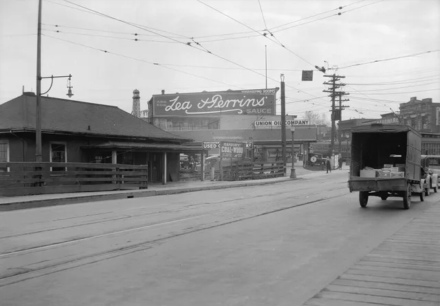 Vancouver . Billboard advertising looking south on Granville at south end of Granville Bridge at 4th. Taken for Duker and Shaw Ltd. Main sign is for Lea & Perrins' Sauce. Other signs are for Union Oil Company, Hanbury Coal & Wood. Before you pick out of home advertising survey tools, check the sample