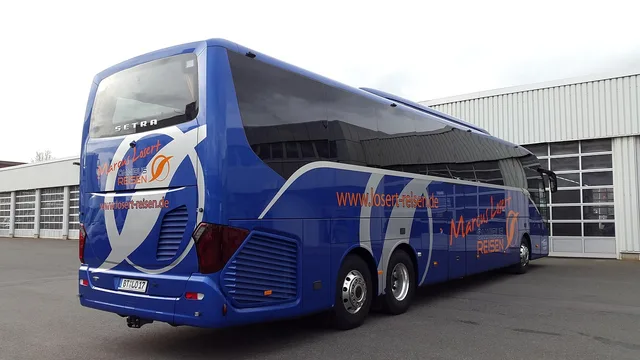 bus, blue, heaven, clouds, travel, to stand, vehicle, vacations, nature, setra, advertising, foil, bus driver, to travel, coach, school bus, workshop, customer service, bus trip, luxury. Implementing an out of home advertising tool without the chaos