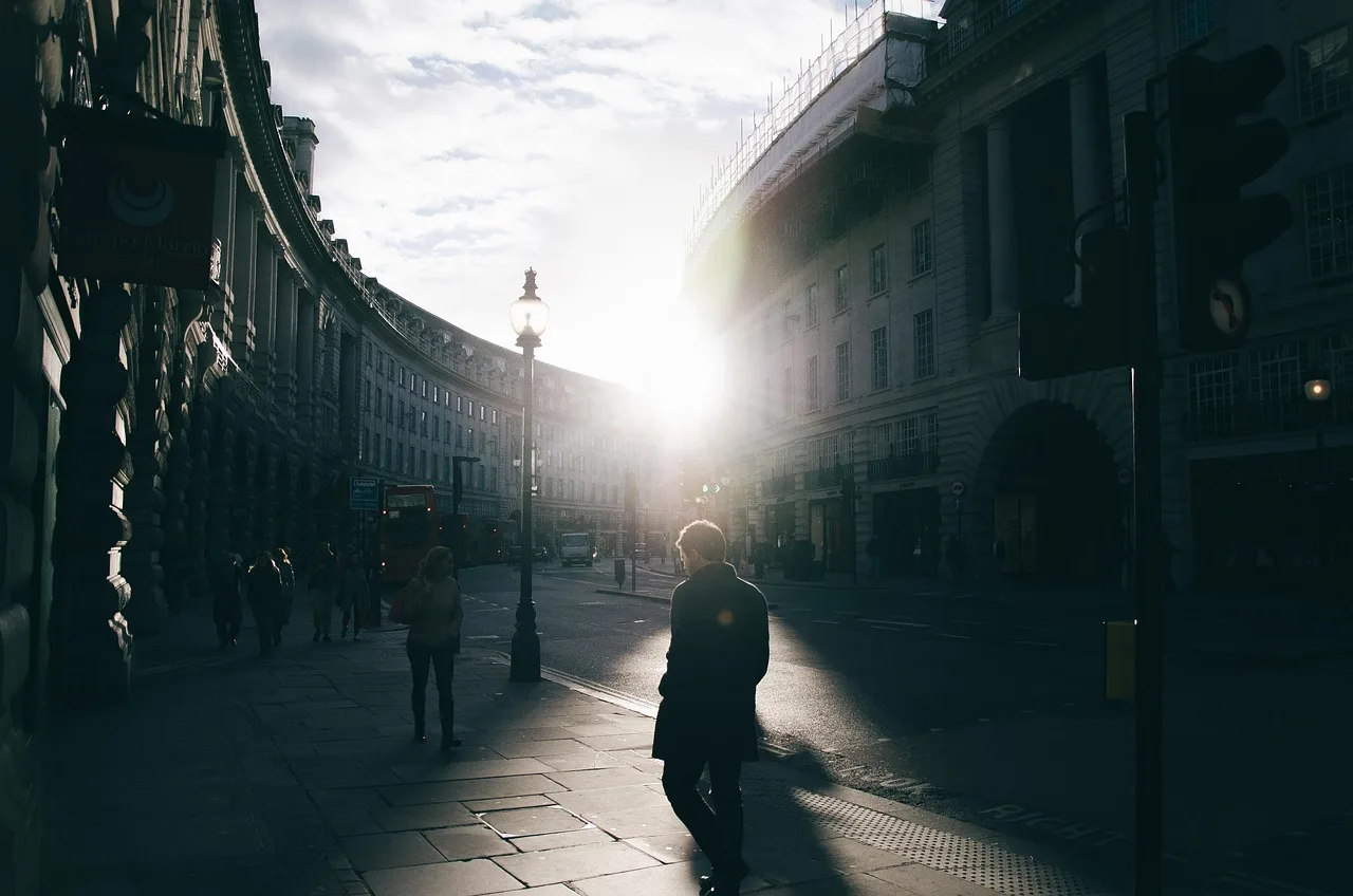 london, street, road, uk, city, urban, british, person, strolling, nature, pedestrians, people, sidewalk, buildings, sunset, architecture