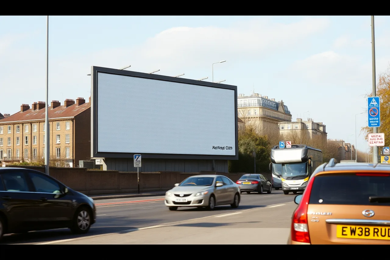 Roadside 48-sheet billboard beside a busy English city road (What an out of home advertising budget template means for England buyers)